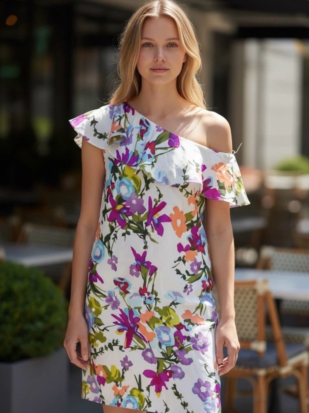 Alice & Trixie One-Shoulder Floral Dress in White with Purple & Pink Accents
